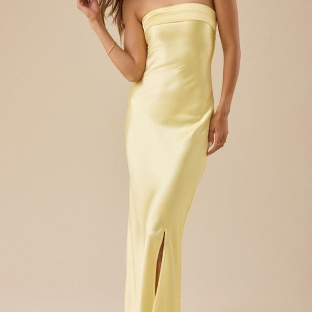 NWT Altar’d State Paityn Strapless Maxi Dress Satin Yellow - Picture 2 of 5